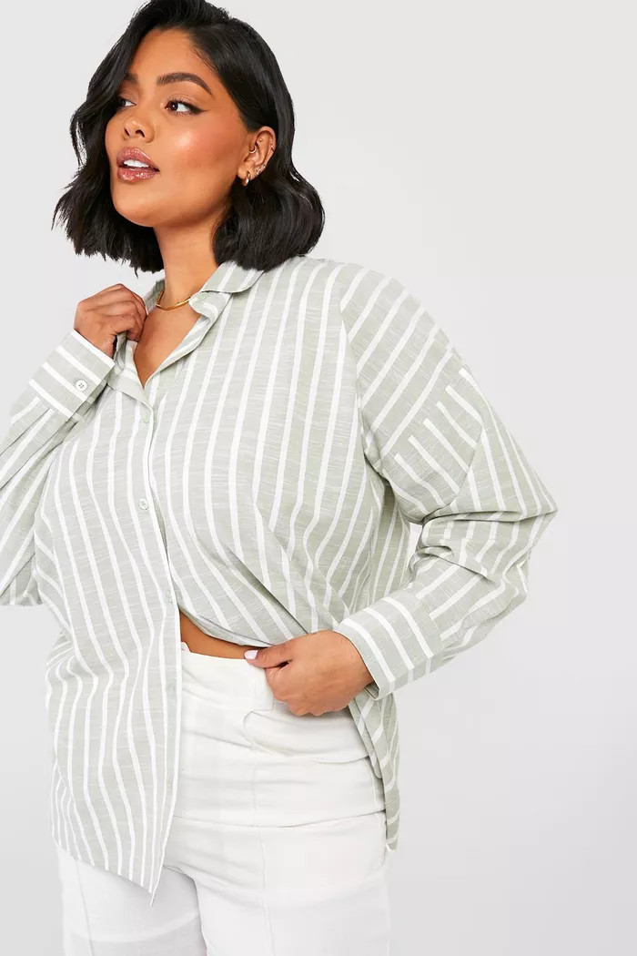 Sage Plus Oversized Wide Stripe Linen Shirt | Boohoo.com (UK & IE)