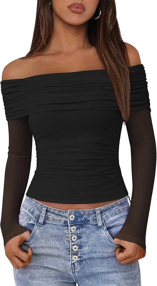 BTFBM Women's Long Sleeve Shirts 2025 Fall Crop Going Out Tops Mesh Ruched Casual Off Shoulder Bl... | Amazon (US)