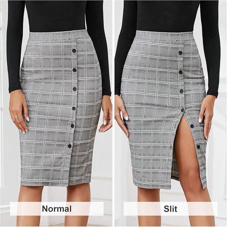 Byinns Women's 2025 High Waist Pencil Skirt Button Slit Work Skirts Plaid Business Bodycon Midi S... | SHEIN