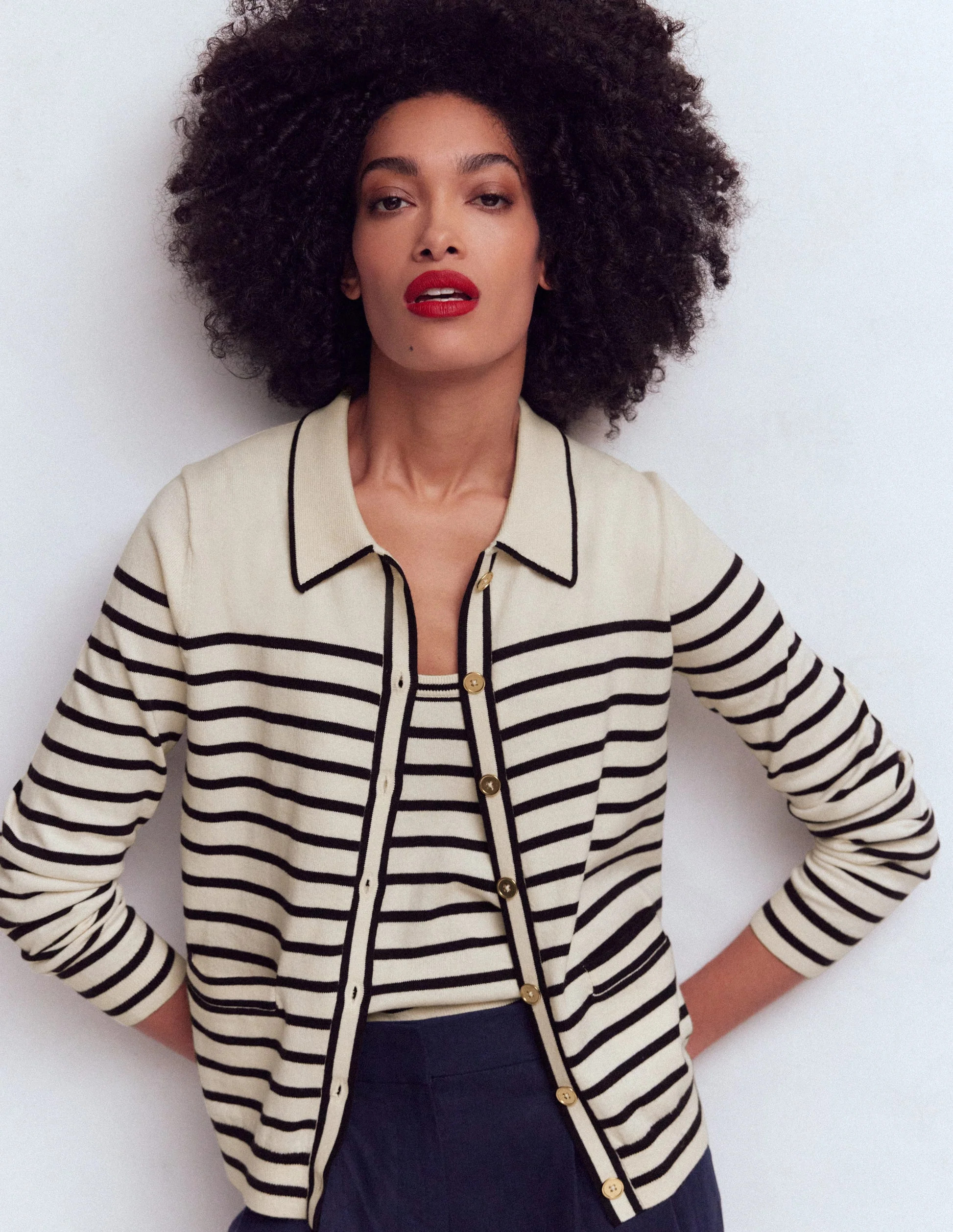Liz Knitted Collared Cardigan-Ivory/ Navy | Boden (US)