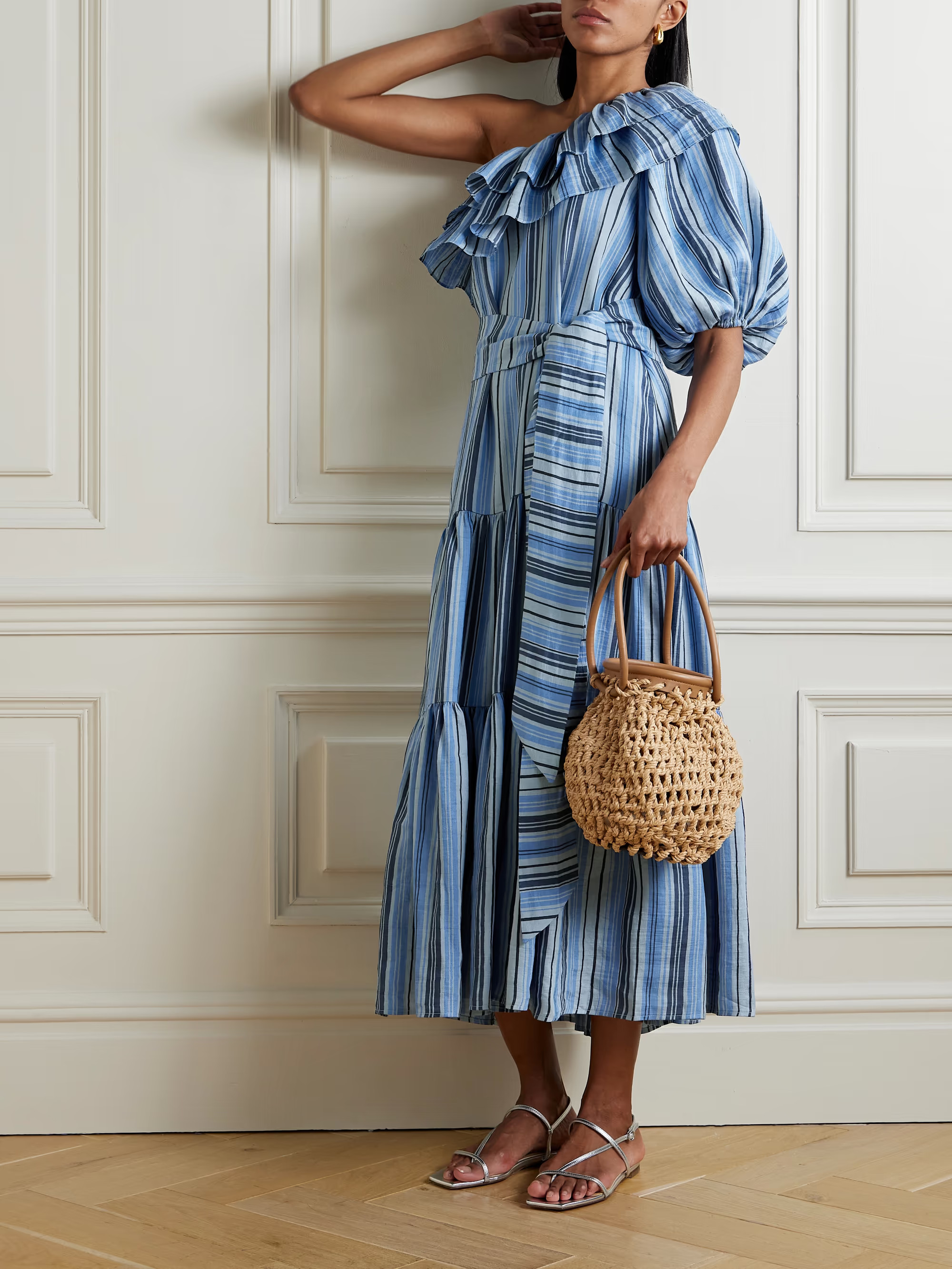 Arden belted one-sleeve ruffled striped linen-blend maxi dress | NET-A-PORTER (US)