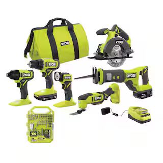 RYOBI ONE+ 18V Cordless 6-Tool Combo Kit with 1.5 Ah and 4.0 Ah Batteries, Charger, and 65-Piece ... | The Home Depot