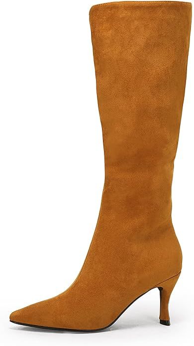 Coutgo Womens Knee High Boots Pointed Toe Kitten Heel Side Zipper Stretchy Vegan Suede Comfort Fa... | Amazon (US)