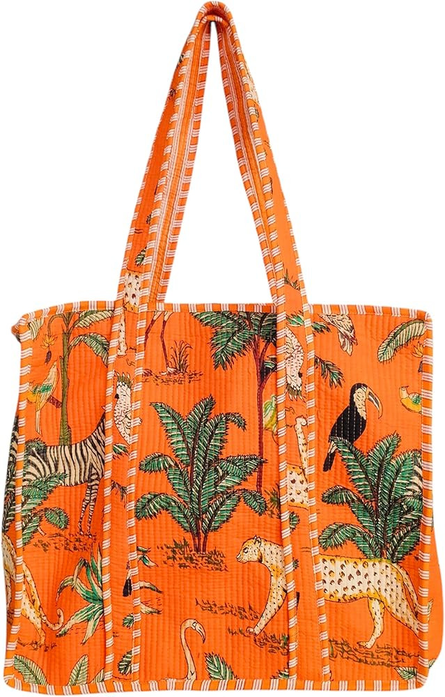 Tropical Safari Print Cotton Tote Bag, Orange with Palm Trees and Animals Pattern, Quilted, Reusa... | Amazon (US)