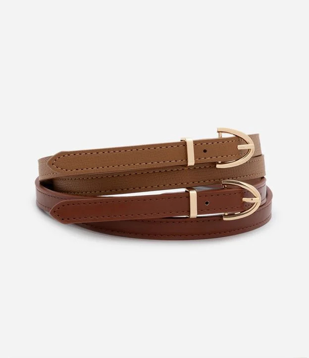 Kit 02 Cintos Estreitos com Passante e Fivela de Metal Marrom | Renner (BR)