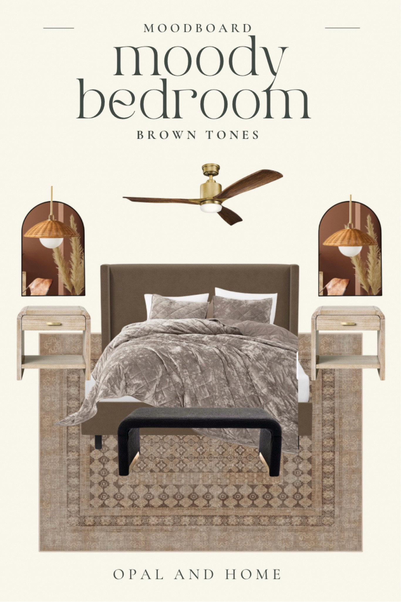 Mood board for a bedroom that has brown and black tones throughout. I would also suggest using some lime wash paint on the walls for added texture. 

#LTKhome #LTKstyletip