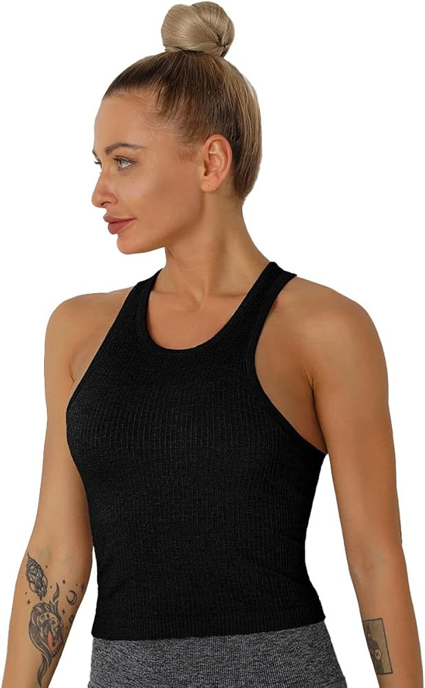 Women Seamless Workout Tank Tops Ribbed Gym Athletic Camisole with Built in Bra | Amazon (US)
