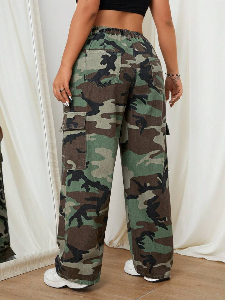Plus Size Camouflage Casual Straight Workwear Jeans | SHEIN