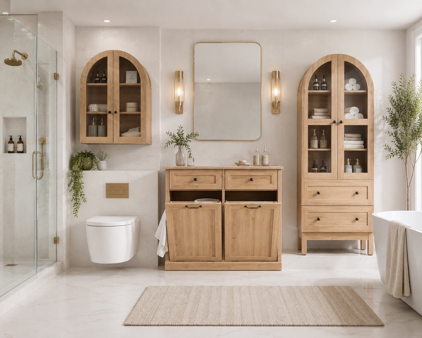 Bright, clean bathroom finds. I love the natural wood tone mixed with a sleek, airy space. The arched cabinets add so much character, and that hidden double laundry hamper keeps everything looking put together without sacrificing function.

Everything is linked on my LTK!

#LTKHome #LTKFinds #BathroomInspo #BathroomDecor #HomeFinds #AmazonHome

#LTKHome