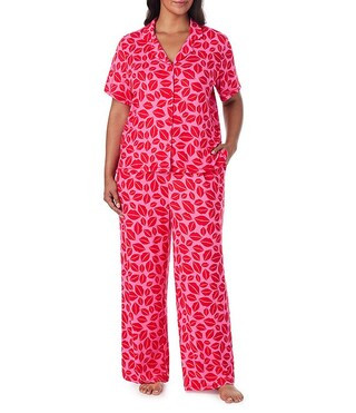 Plus Size Lip Print Short Sleeve Notch Collar Top & Long Pant Knit Pajama Set | Dillard's