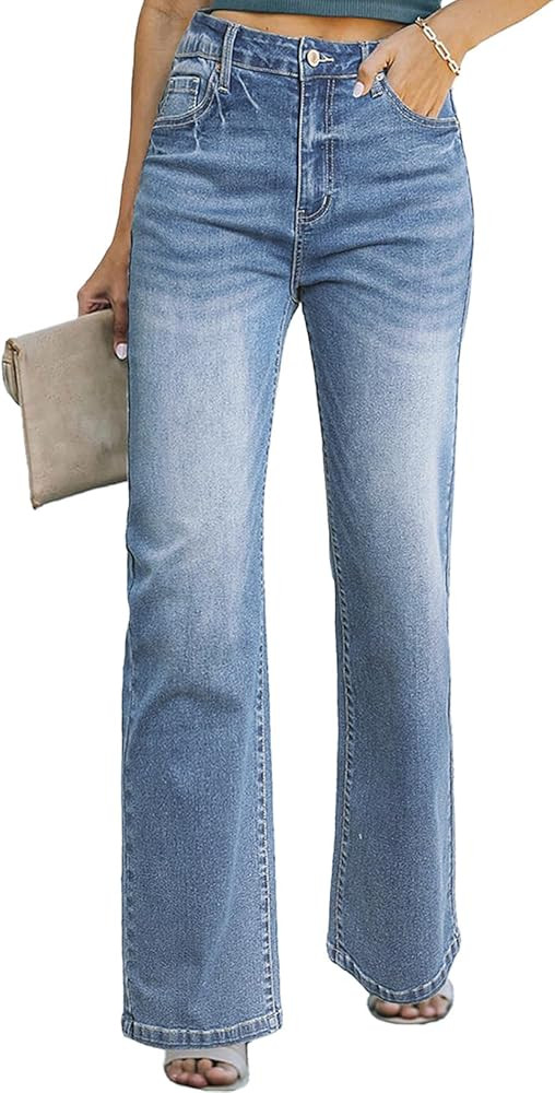 Sidefeel Women's Wide Leg Jeans Casual High Waisted Straight Stretch Denim Pants with Pockets | Amazon (US)