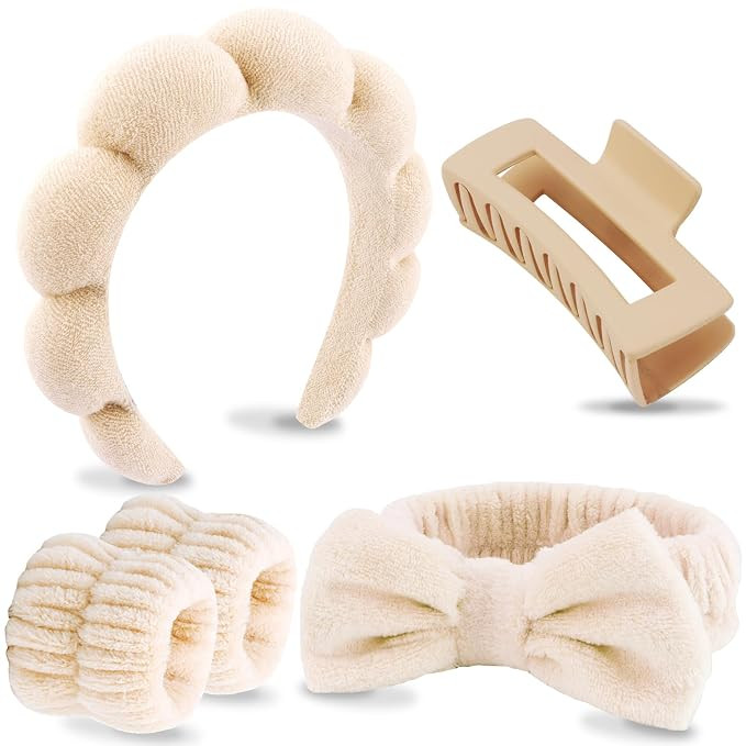 VELSCRUN 5 Pcs Khaki Puffy Sponge Spa Headband Bow Tie Hair Band Hair Clips Wristband Set, Spa He... | Amazon (US)