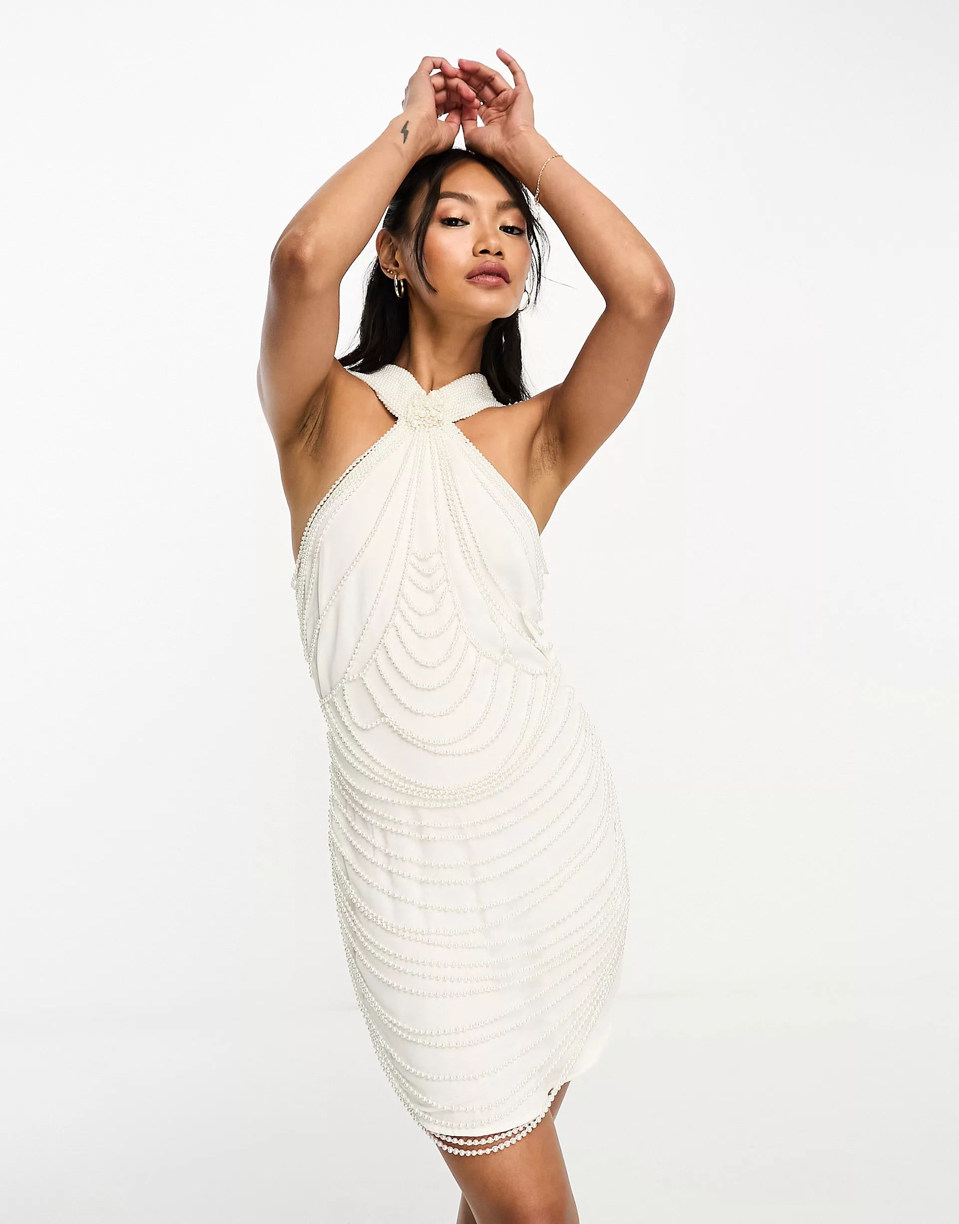ASOS DESIGN halter pearl mini dress with drape beading detail in white | ASOS (Global)