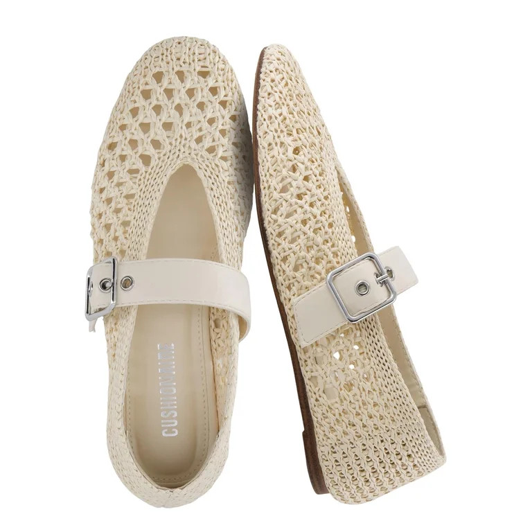 Cushionaire Gabby Woven Mary Jane Ballet Flats for Women, Comfortable Dressy Flat Shoes with Adju... | Walmart (US)