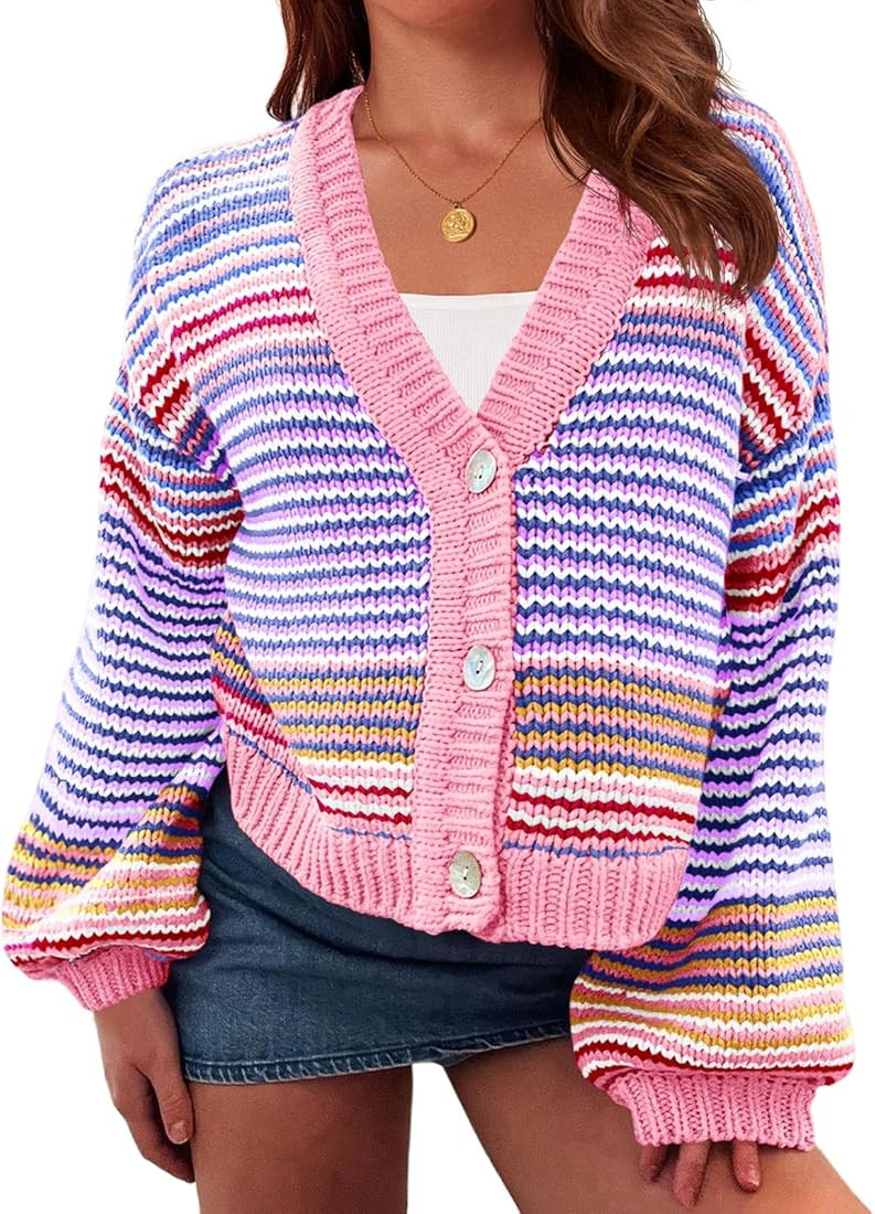 Saodimallsu Womens Striped Cardigan Sweaters Oversized Puff Sleeve Button Up V Neck Color Block K... | Amazon (US)