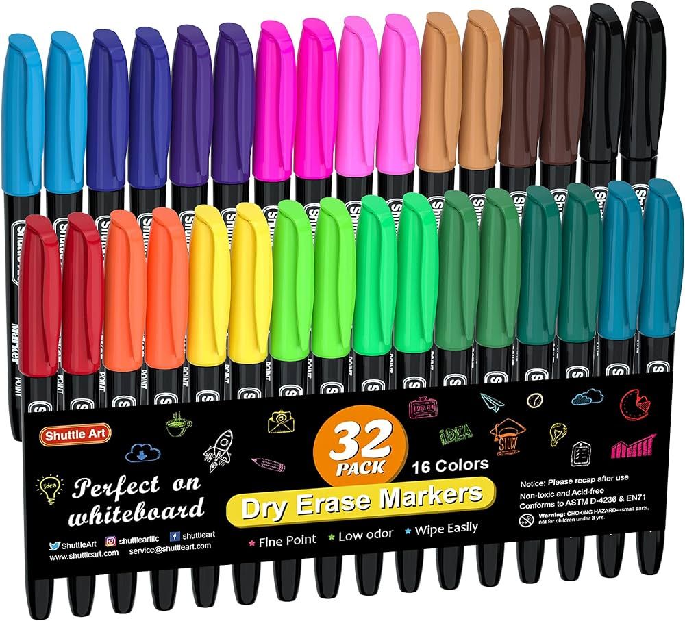 Shuttle Art Dry Erase Markers, 32 Pack 16 Colors Whiteboard Markers,Fine Tip Dry Erase Markers fo... | Amazon (US)