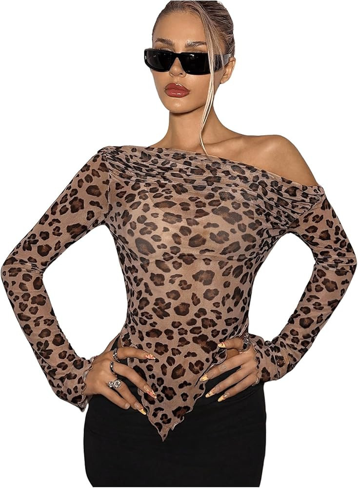 SweatyRocks Women's Leopard Print Sheer Mesh Crop Tops Asymmetrical Off The Shoulder Long Sleeve ... | Amazon (US)