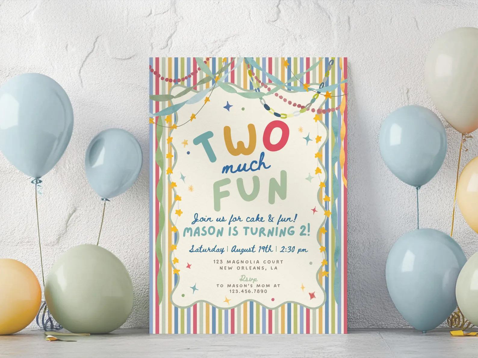 Two Much Fun Colorful Boy 2nd Birthday Invitation, Whimsical Second Birthday Invite, Striped Boy ... | Etsy (Global)