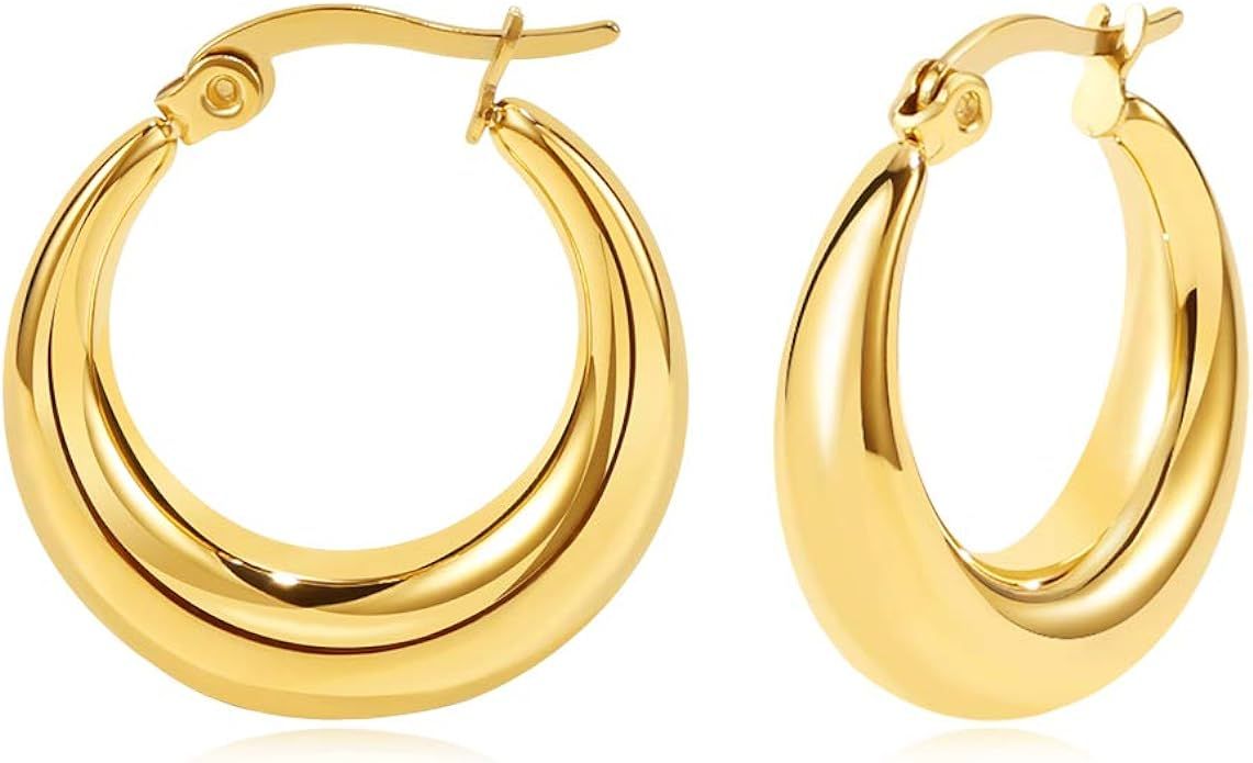 Big Chunky Hoop Earrings for Women 18K Gold Plated Large Thick Hoops Earrings Stainless Steel Lig... | Amazon (US)