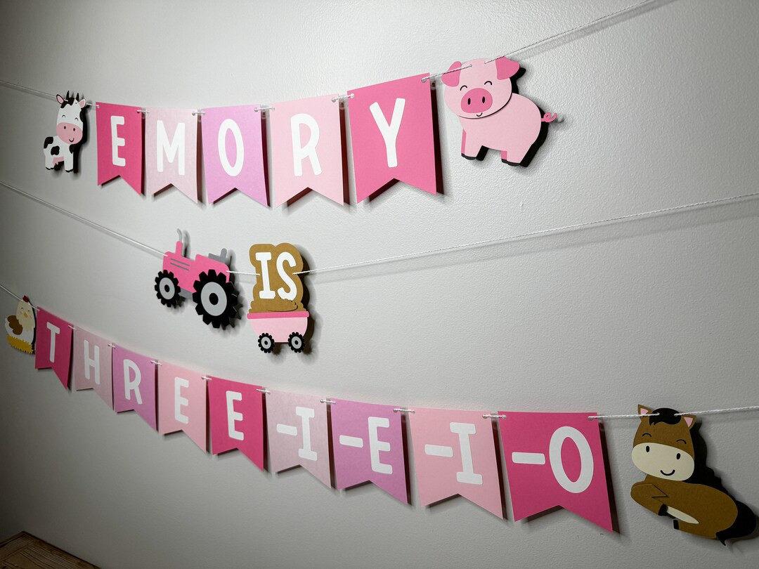 personalized pink three-i-e-i-o banner - farm birthday - farm party banner - three year old birth... | Etsy (US)