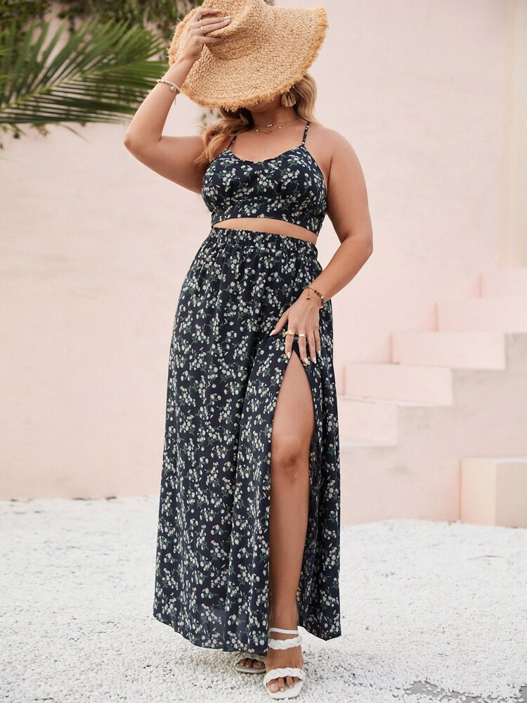 Plus Allover Floral Print Crisscross Knot Cami Top & Slit Skirt | SHEIN