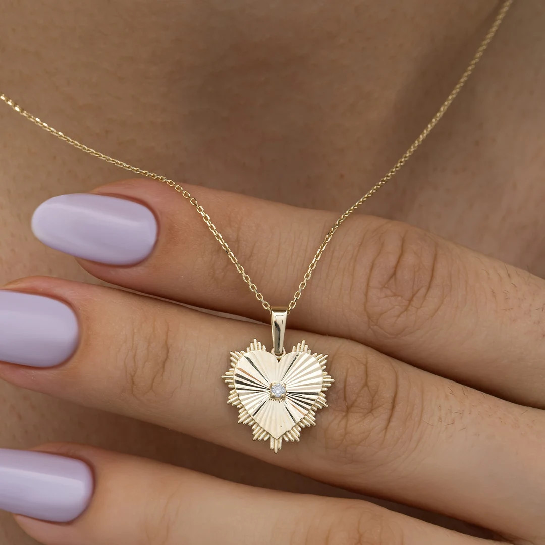 14K Solid Gold Solitaire Diamond Necklace / Heart Gold Plate Diamond Necklace / Dainty Diamond Ne... | Etsy (US)
