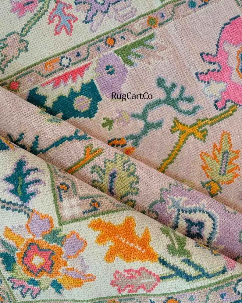 Soft Pink Green Oushak Rug – Hand Knotted Wool, Vintage Turkish Floral Boho Area Rug - Etsy | Etsy (Global)