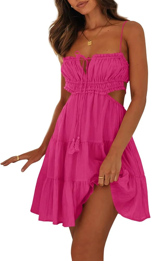 Wenrine Women's Summer Beach Mini Dress Adjustable Spaghetti Straps Sexy Backless Tiered Sleevele... | Amazon (US)