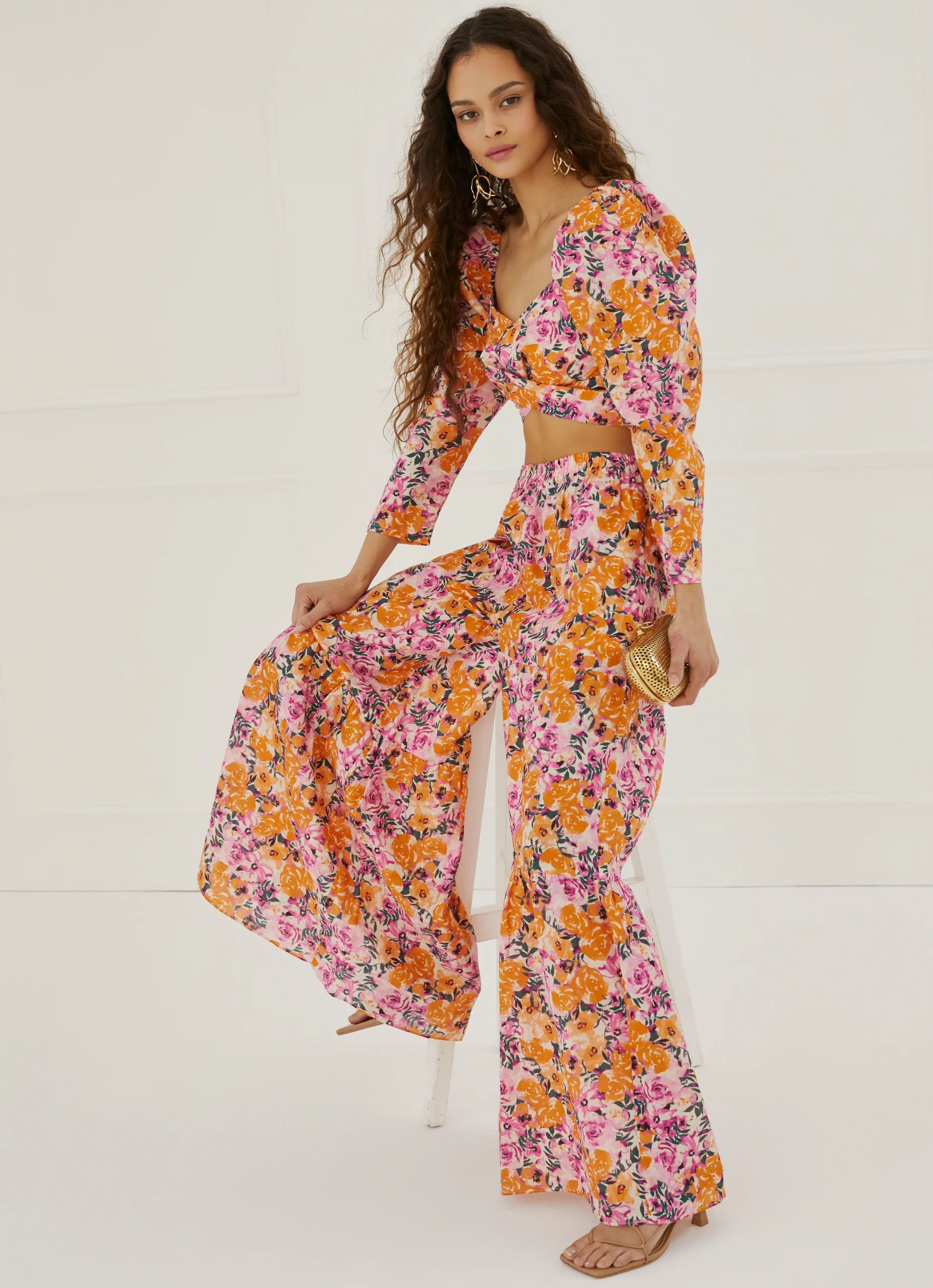 Floral Tiered Wide Leg Pants Orange Combo | Something Navy | Something Navy