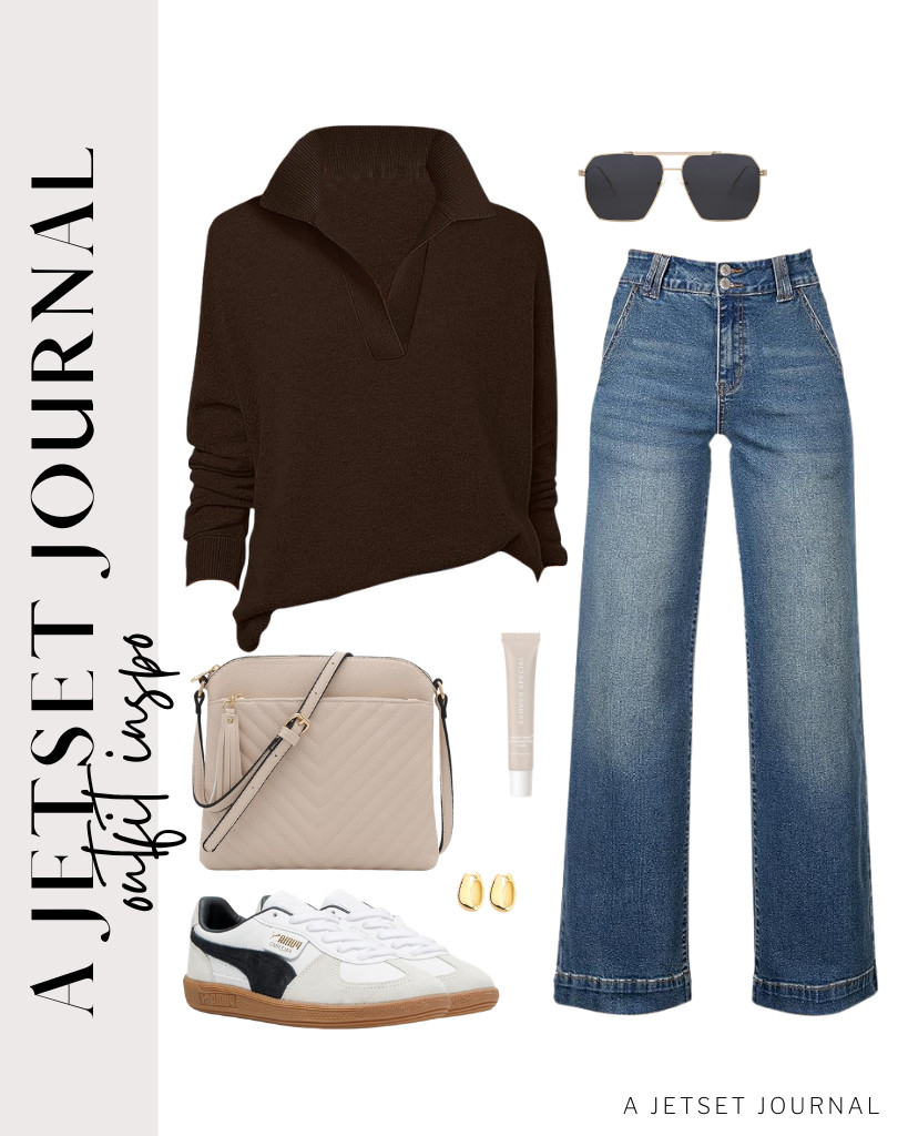 Wear a long-sleeve top in coffee color and wide-leg jeans for a casual, chic look. Style it up with SOJOS Retro oversized square polarized sunnies and Puma Palermo shoes. This fit is perfect for running errands or coffee runs. 

 #LTKSeasonal #LTKSaleAlert #LTKTravel