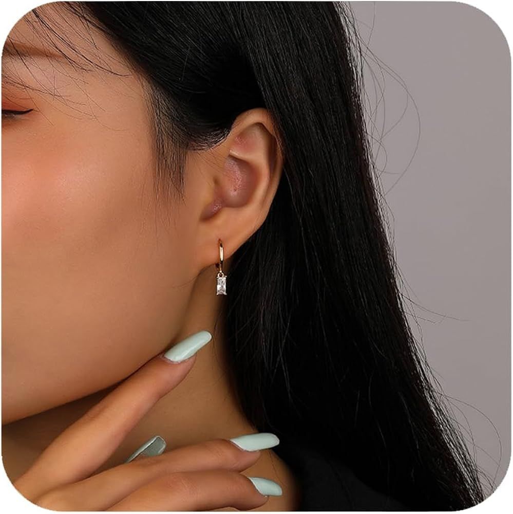Small Gold Hoop with Square Crystal Dangle Drop Earrings Gold Huggie Hoop Earrings for Women 14K ... | Amazon (US)