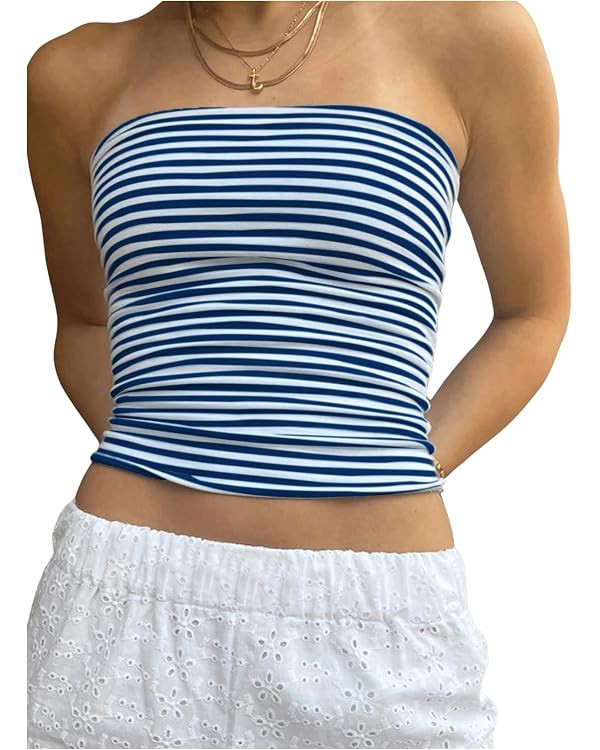 GORGLITTER Women's Striped Cropped Tube Top Strapless Y2K Going Out Tops | Summer Tops, Blue and ... | Amazon (US)