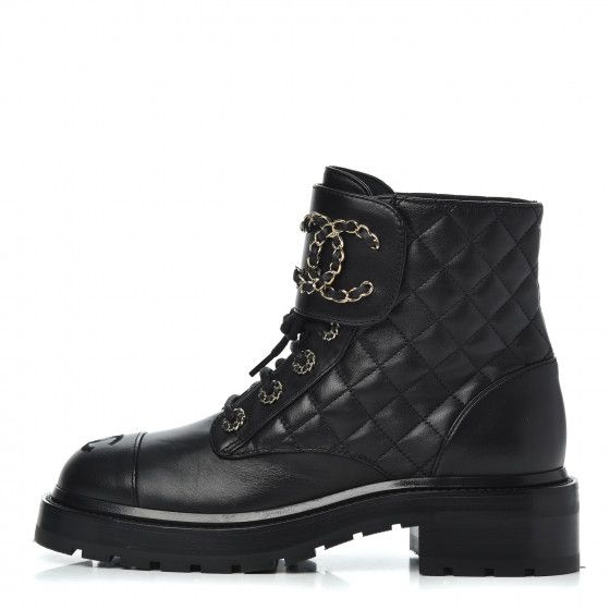 CHANEL

Shiny Goatskin Calfskin CC Combat Boots 36.5 Black | Fashionphile