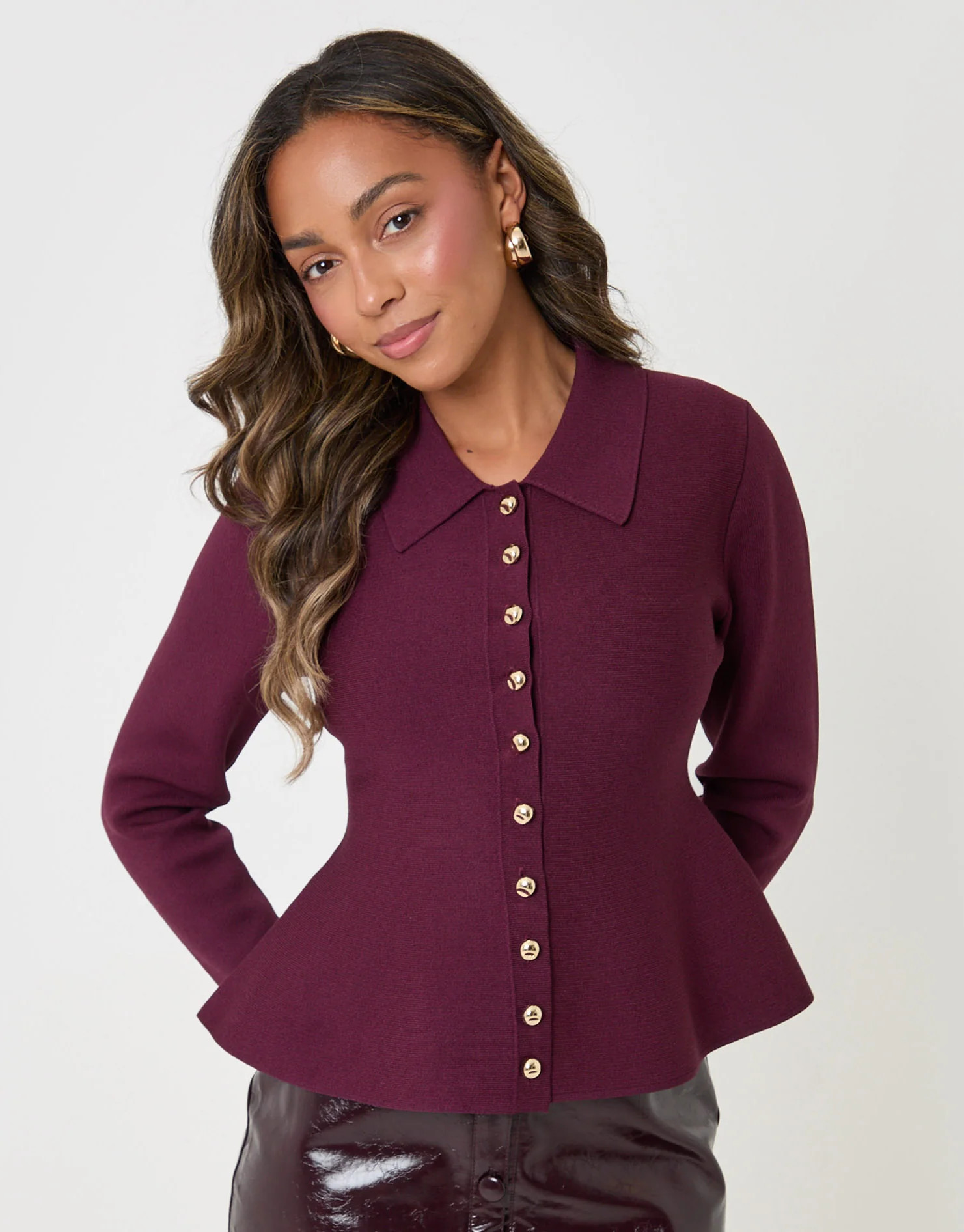 Compact Knit Peplum Cardigan in Plum | Threadbare UK