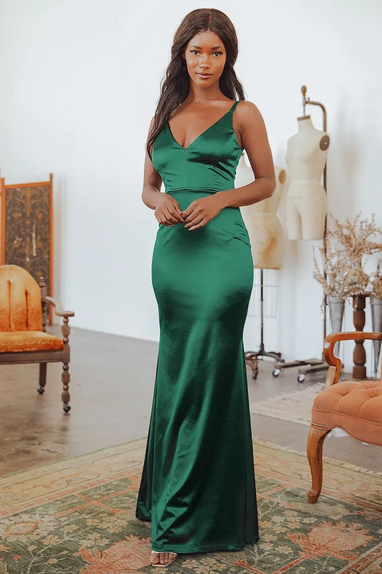 Melora Emerald Green Satin Sleeveless Maxi Dress Holiday Wedding Guest Dress  | Lulus (US)