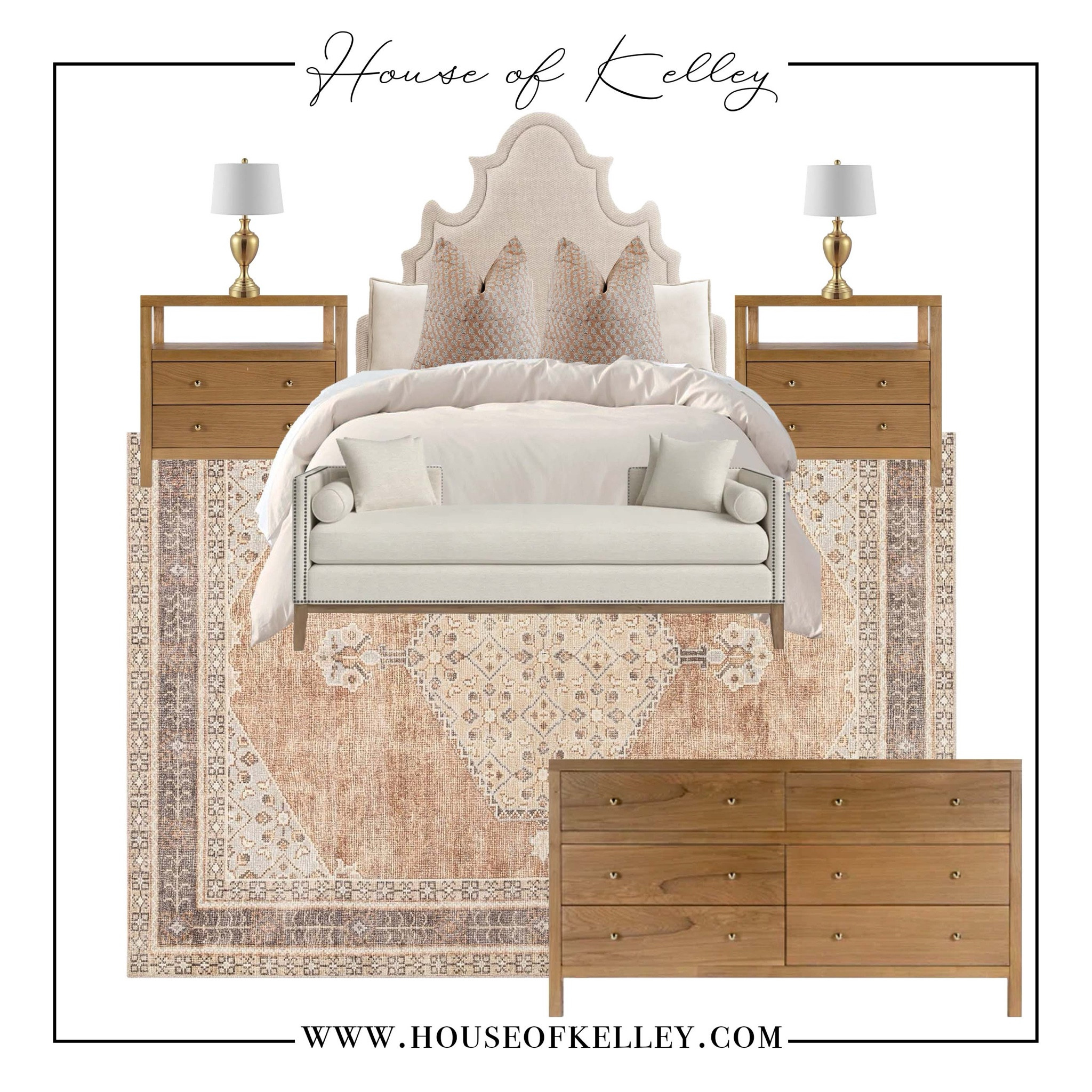 Primary bedroom inpso, bedroom mood board, nightstand lamp, gold light,  rugs direct, master rug, bedroom rug, primary rug, neutral bedroom, area rug, brass lamps, nightstand lighting, bedside lamp, bedroom lighting, wood nightstand, neutral bedding, white bed, upholstered bed, primary bedroom furniture, home decor, bedroom decor, master bedroom, neutral decor, interior decor, interior design, area rug, wood nightstand, neutral bedding, ivory bedding, white bedding, wood dresser, dresser drawers, tallboy dresser, pottery barn furniture, Wayfair furniture.

#LTKStyleTip #LTKHome #LTKSaleAlert