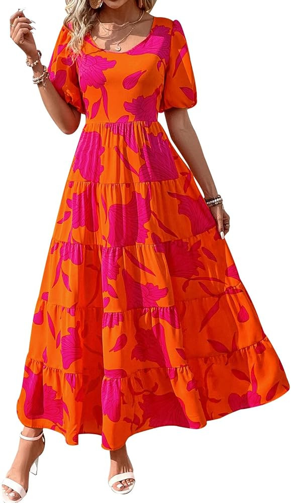 PRETTYGARDEN Womens Dresses 2025 Puff Sleeve Floral Casual Summer Dresses Smocked Backless Beach ... | Amazon (US)