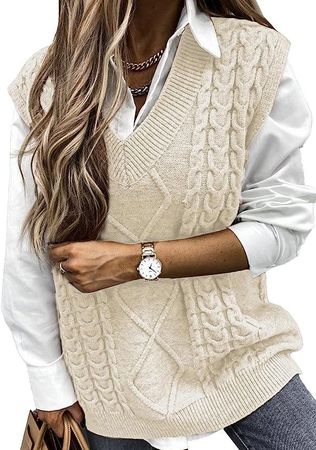 NALANISA Women V Neck Sleeveless Oversized Sweater Vest Casual Loose Cable Knit Sweaters Tank Pul... | Amazon (US)