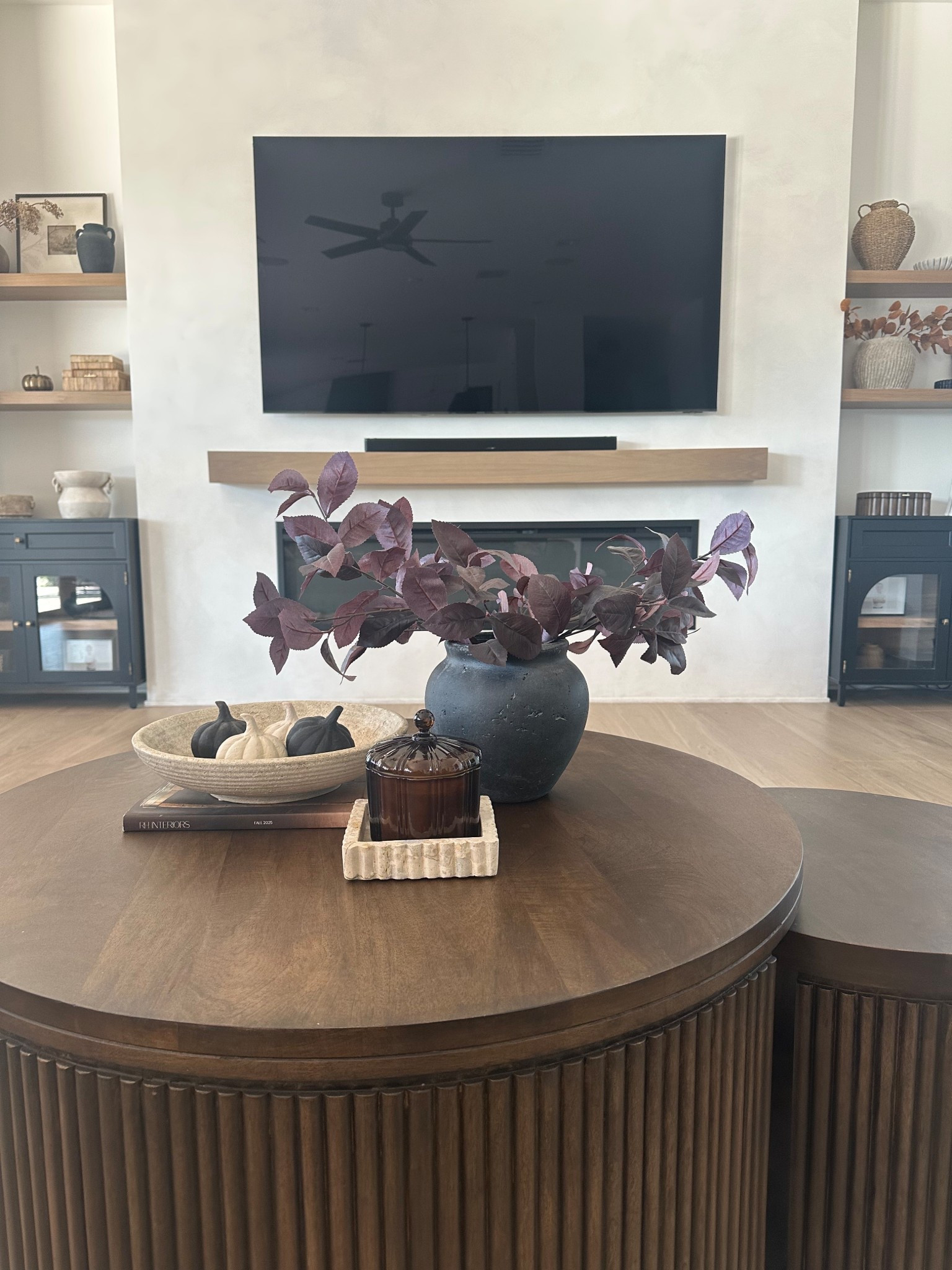 Coffee table styling, fall decor, neutral home, stems, candle