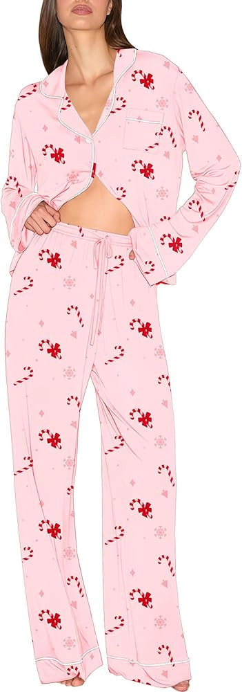 Ekouaer Christmas Pajamas Womens Long Sleeve Button Down Sleepwear Holiday Matching Pjs Comfy Lon... | Amazon (US)