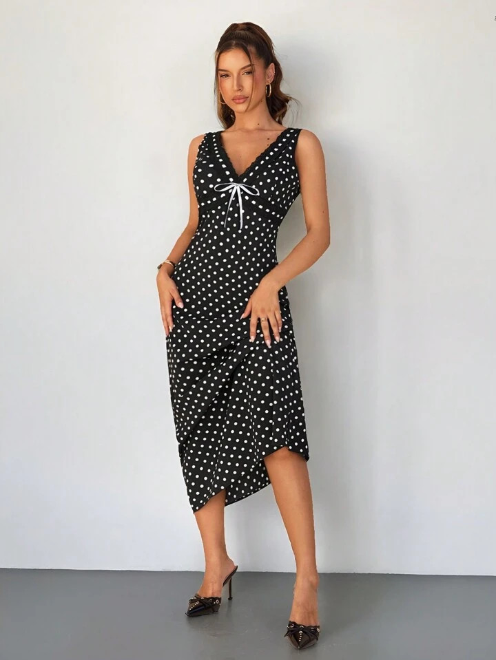SHEIN SXY Women's Retro Polka Dot Butterfly Long Dress | SHEIN