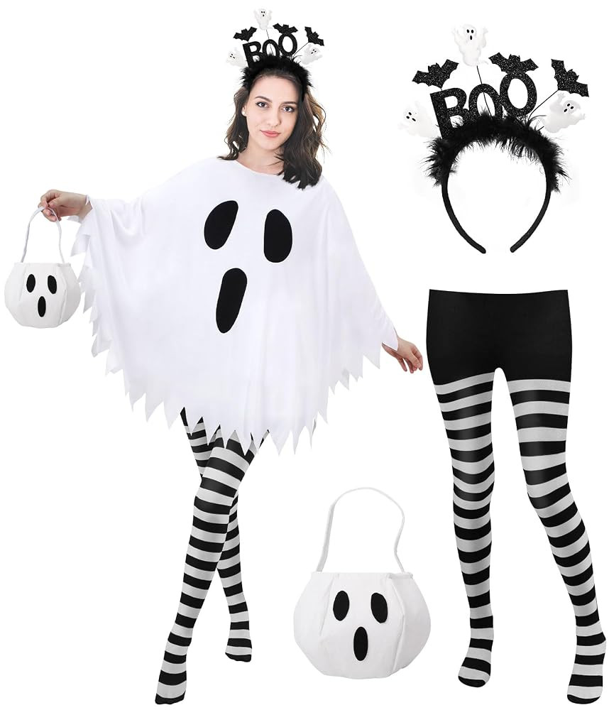 4 Pcs Ghost Costume Adult with Accessories,Ghost Costume Women Poncho/Bag/Headband/Tights Hallowe... | Amazon (US)