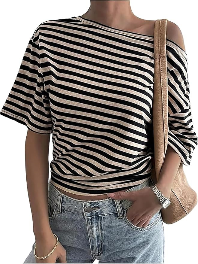 SHENHE Women's Off The Shoulder Cinched Waist Top Striped Short Sleeve Loose Summer Tee Shirt | Amazon (US)