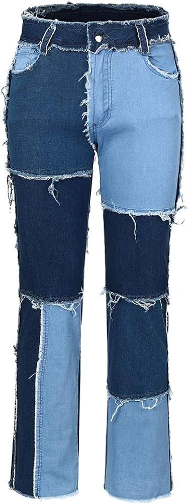 THUNDER STAR Womens Patchwork Straight Leg Jeans Mid Rise Stretch Frayed Denim Pants | Amazon (US)