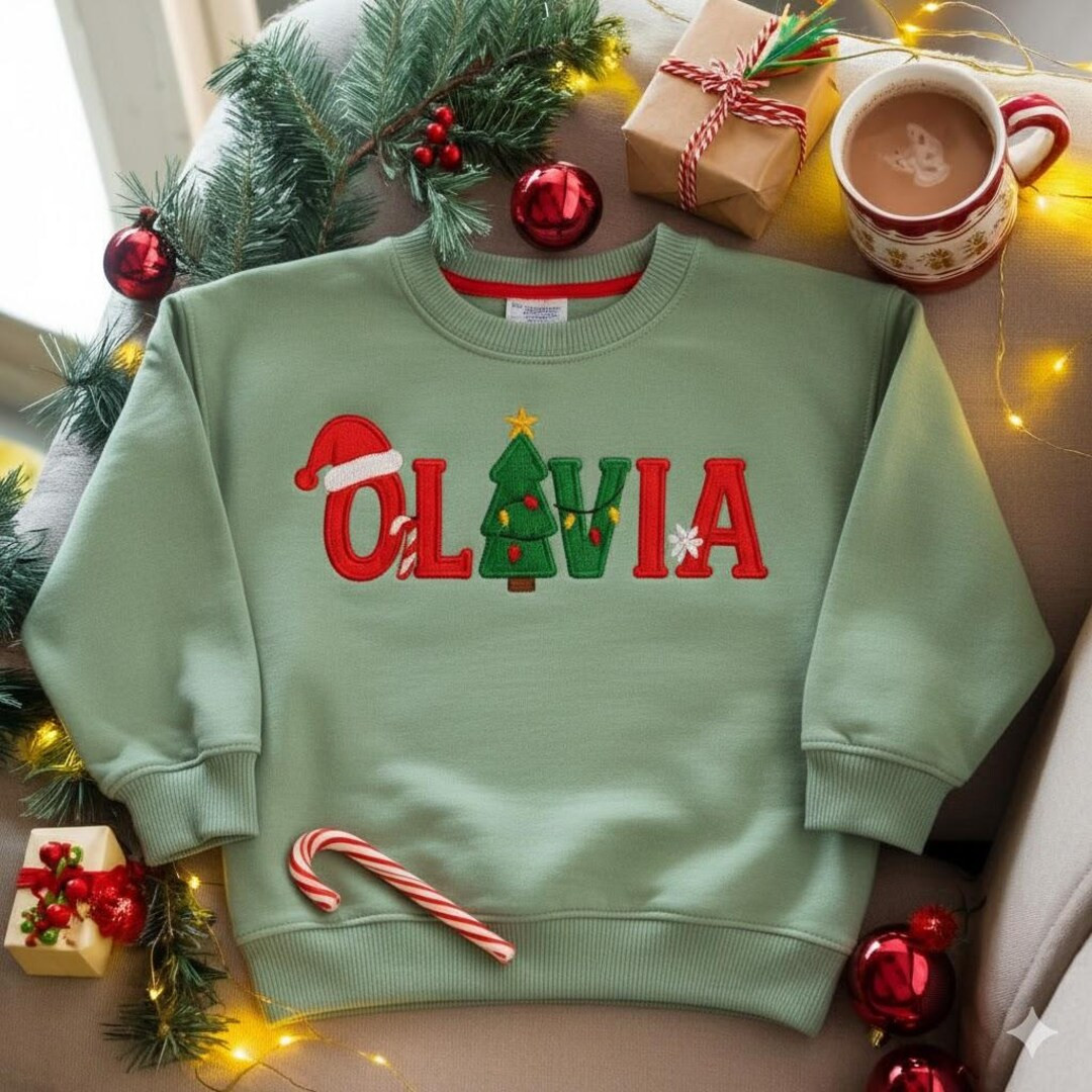 Personalized Christmas Kids Sweatshirt, Custom Name Sweatshirt, Santa Hat Tree Shirt, Gift for Ba... | Etsy (US)