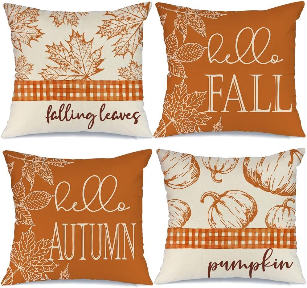 Fall Pillow Covers 18x18 Set of 4 for Fall Decor Buffalo Plaid Pumpkin Maple Leaves Outdoor Fall ... | Amazon (US)