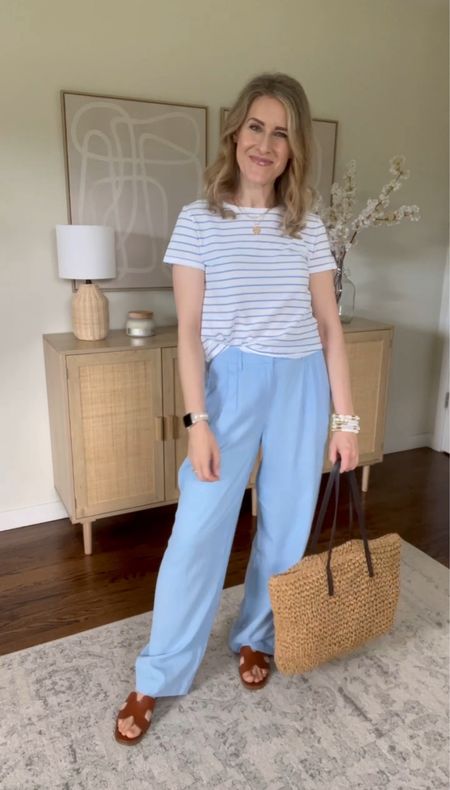Target summer outfit idea with this stripe tee (sized up to medium) and pleat front straight leg pants (true to size 6, if between size down). Great pants for work or play. #targetstyle 

#LTKFindsUnder100 #LTKOver40 #LTKFindsUnder50