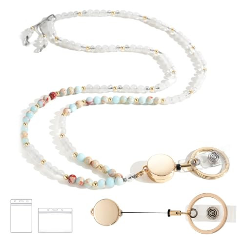 LENYNAL Lanyards for ID Badges and Keys, Retractable Beaded Lanyards for Women Natural Stone, Cute Teacher Lanyard with ID Holder Light Cyan | Amazon (US)