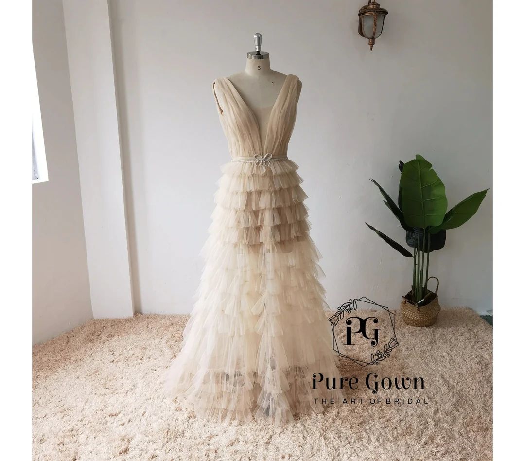 Sexy Illusory Tulle Beach Wedding Dress Shiny Crystal Belt Boho V Neck Open Back Luxury Bridal Go... | Etsy (US)