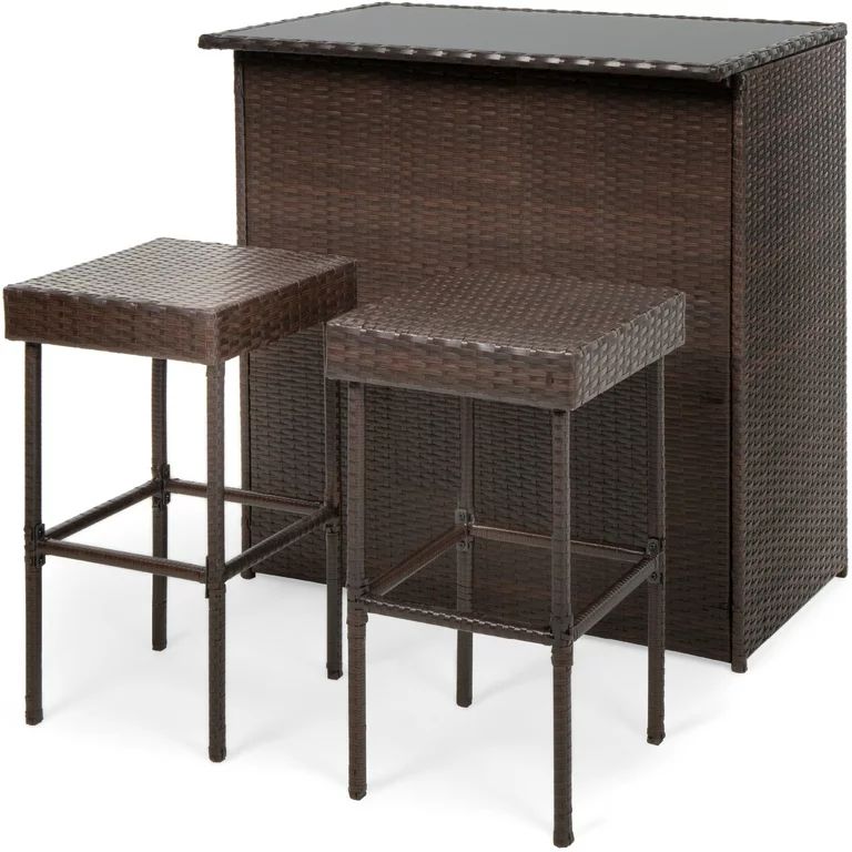 Best Choice Products 3-Piece All-Weather Wicker Bar Table Set for Patio, Backyard w/ 2 Stools, Gl... | Walmart (US)
